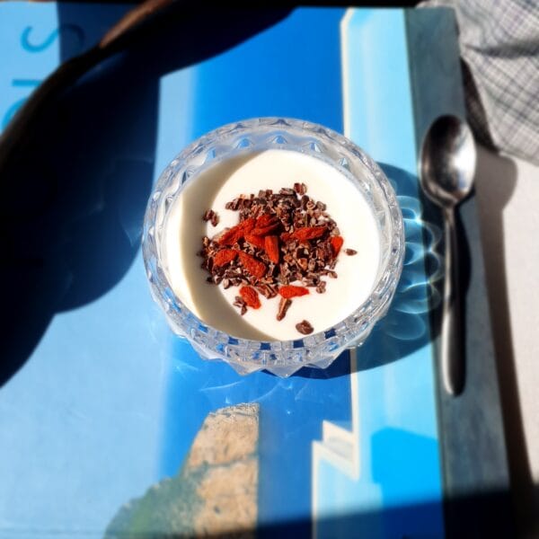 Nibs de cacao y bayas de goji. Elaborado con cacao de nuestra finca.